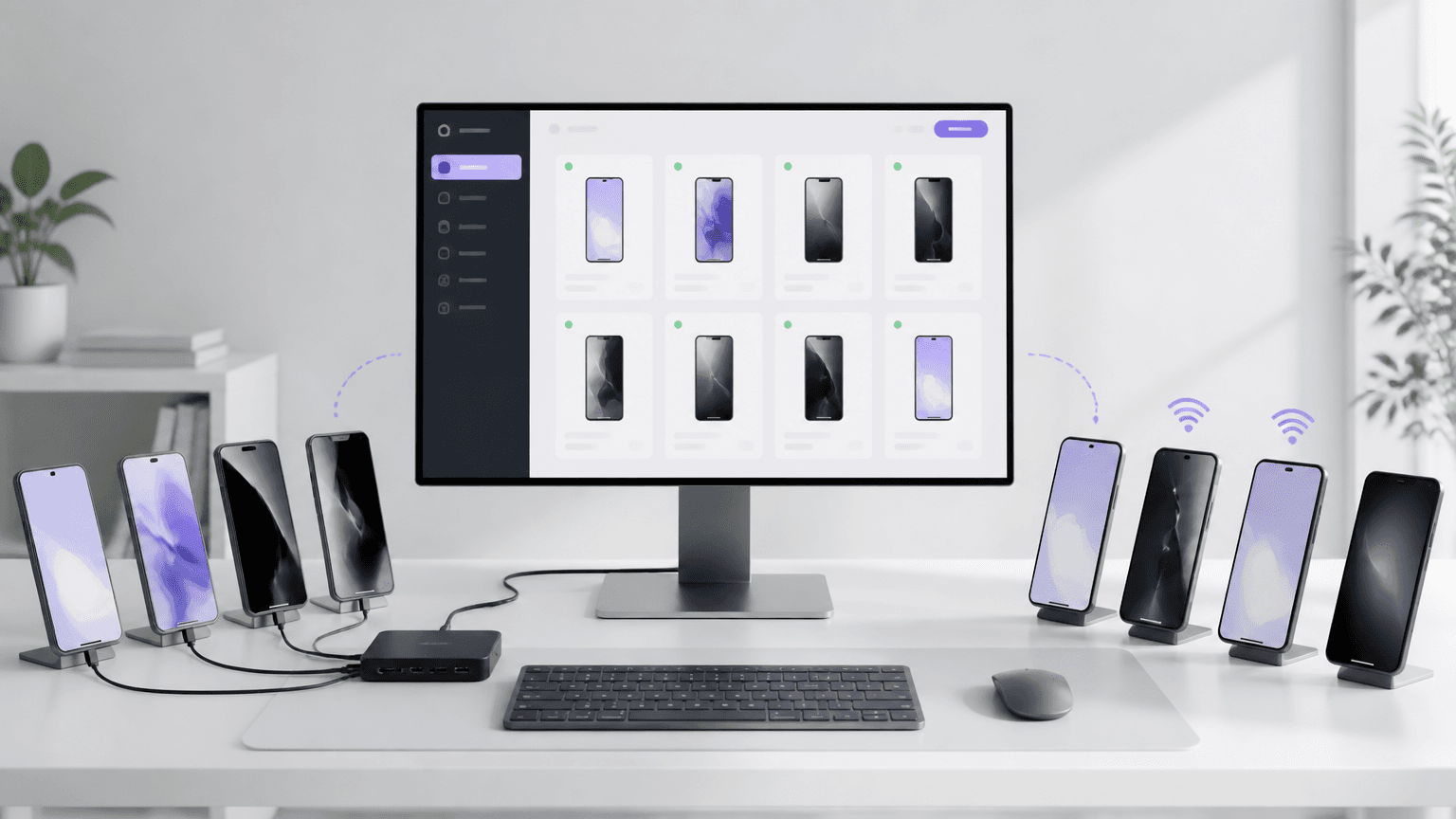 一台电脑通过 USB 与 Wi-Fi 同时连接多台手机的示意图